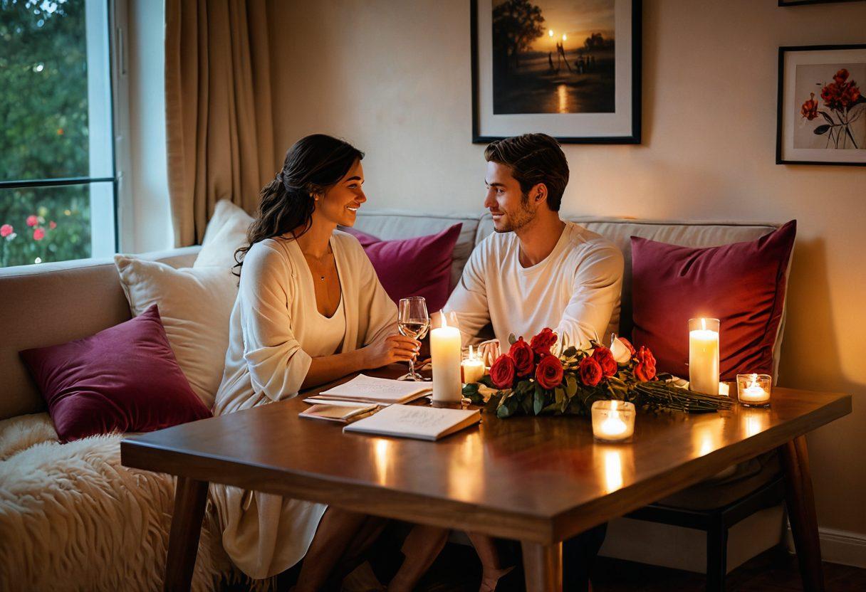 A cozy candlelit room featuring two individuals engaged in deep conversation, surrounded by soft pillows and warm colors. Include subtle romantic elements like roses and a glass of wine on a small table. The ambiance should evoke intimacy and connection, highlighting emotional closeness. Soft focus on the background to emphasize the couple's interaction. super-realistic. warm colors. romantic atmosphere.