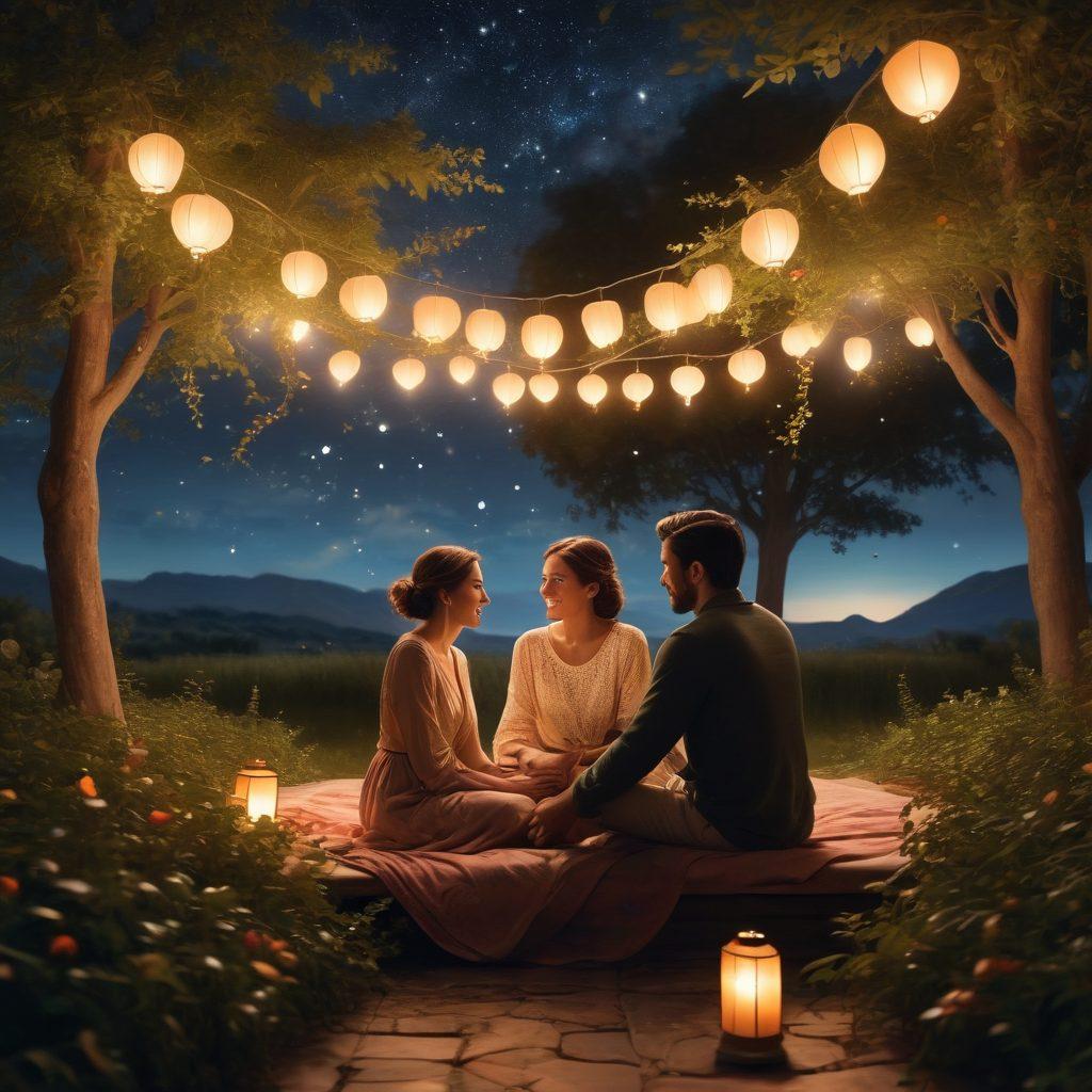 A warm and inviting scene of a diverse couple sitting together under a starry night sky, sharing a heartfelt conversation. Soft glowing lanterns surround them, illuminating their expressions of love and understanding. A backdrop of lush greenery symbolizes growth and connection, while delicate heart-shaped leaves gently fall around them. super-realistic. vibrant colors. warm tones.