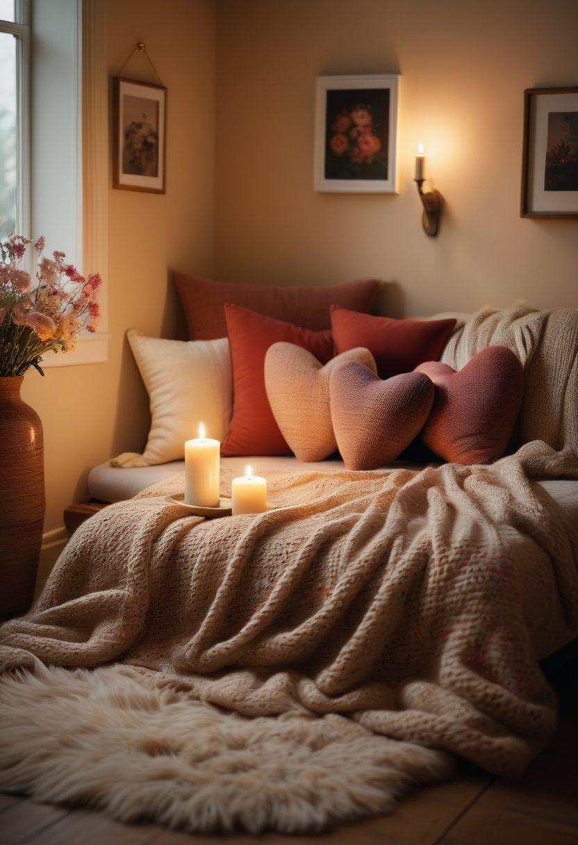 A couple embracing in a beautifully lit, cozy room filled with soft textures and warm colors, surrounded by artistic representations of hearts and connection. In the background, hints of a romantic dinner setting, flickering candles, and delicate flowers symbolize intimacy. The atmosphere is inviting and passionate, emphasizing the theme of relationship enhancement. super-realistic. warm tones. soft focus.